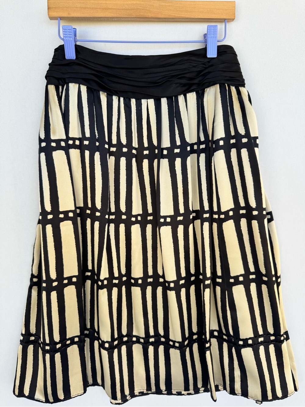 Alfani 100% Silk Black and Cream Graphic-Grid A-Line Skirt